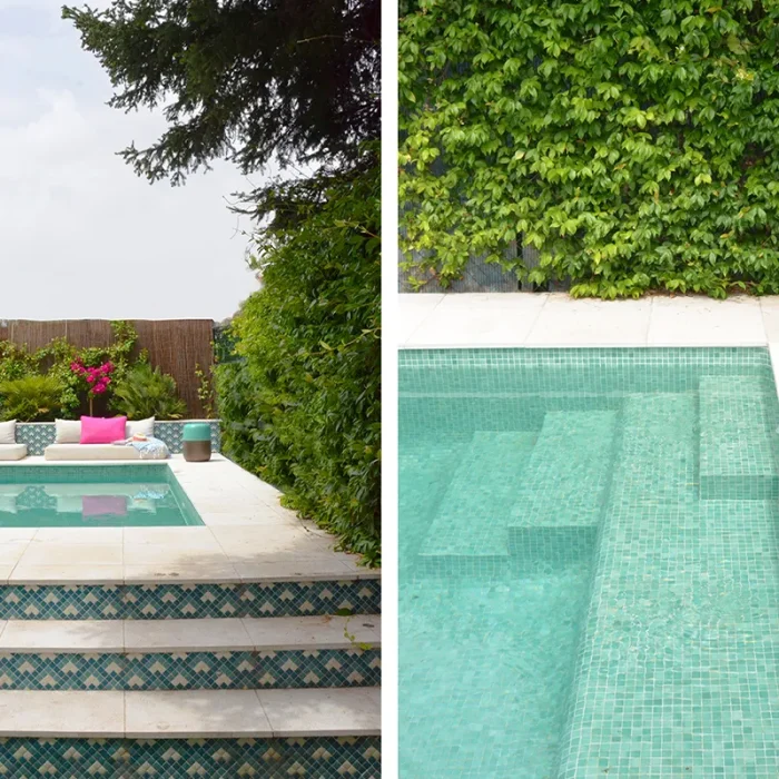 Dva bazena sa hisbalit mykonos zelenim mozaik pločicama i tirkiznom bojom vode